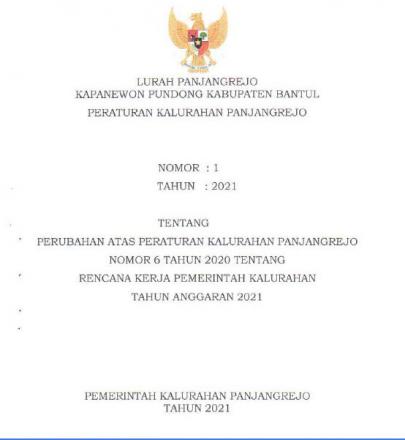 Peraturan Kalurahan No 1 Tahun 2021 tentang Perubahan Atas Peraturan Kalurahan Panjangrejo