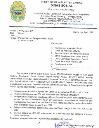 Pengumuman Pelayanan Dinas Sosial Bantul