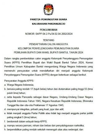 Pendaftaran KPPS Pemilihan Bupati dan Wakil Bupati Tahun 2024